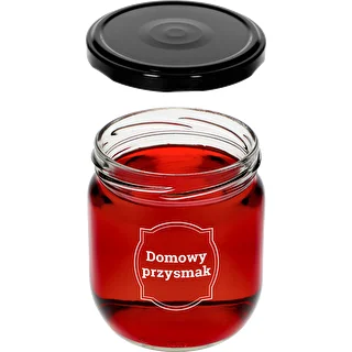 Słoik TO 425ml z nadrukiem „Domowy przysmak” i czarną zakrętką fi 82 - 3szt. – zdjęcie 5