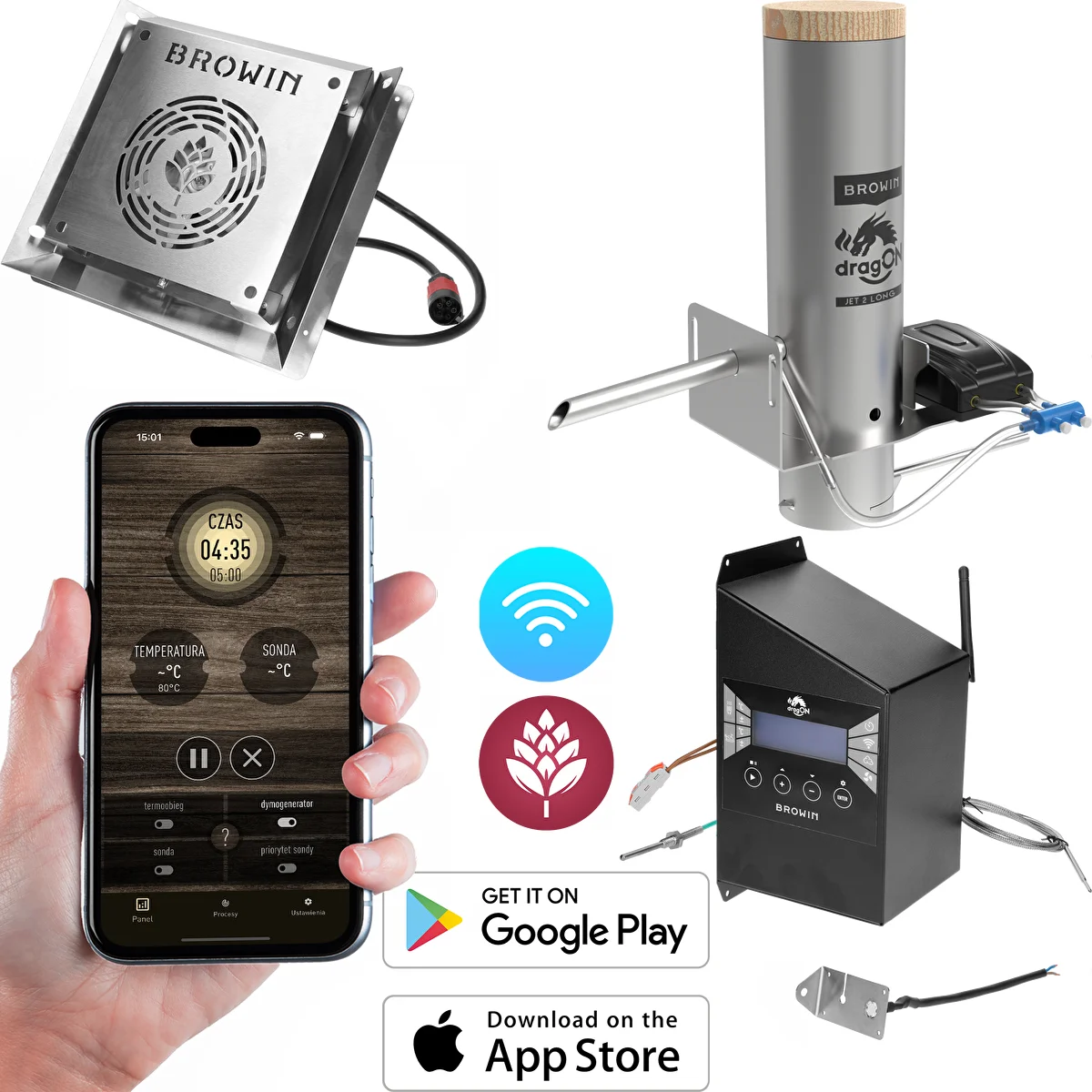 Zestaw dragON do wędzarni - moduły IQ z Wi-Fi i generator dymu JET 2 LONG z popielnikiem