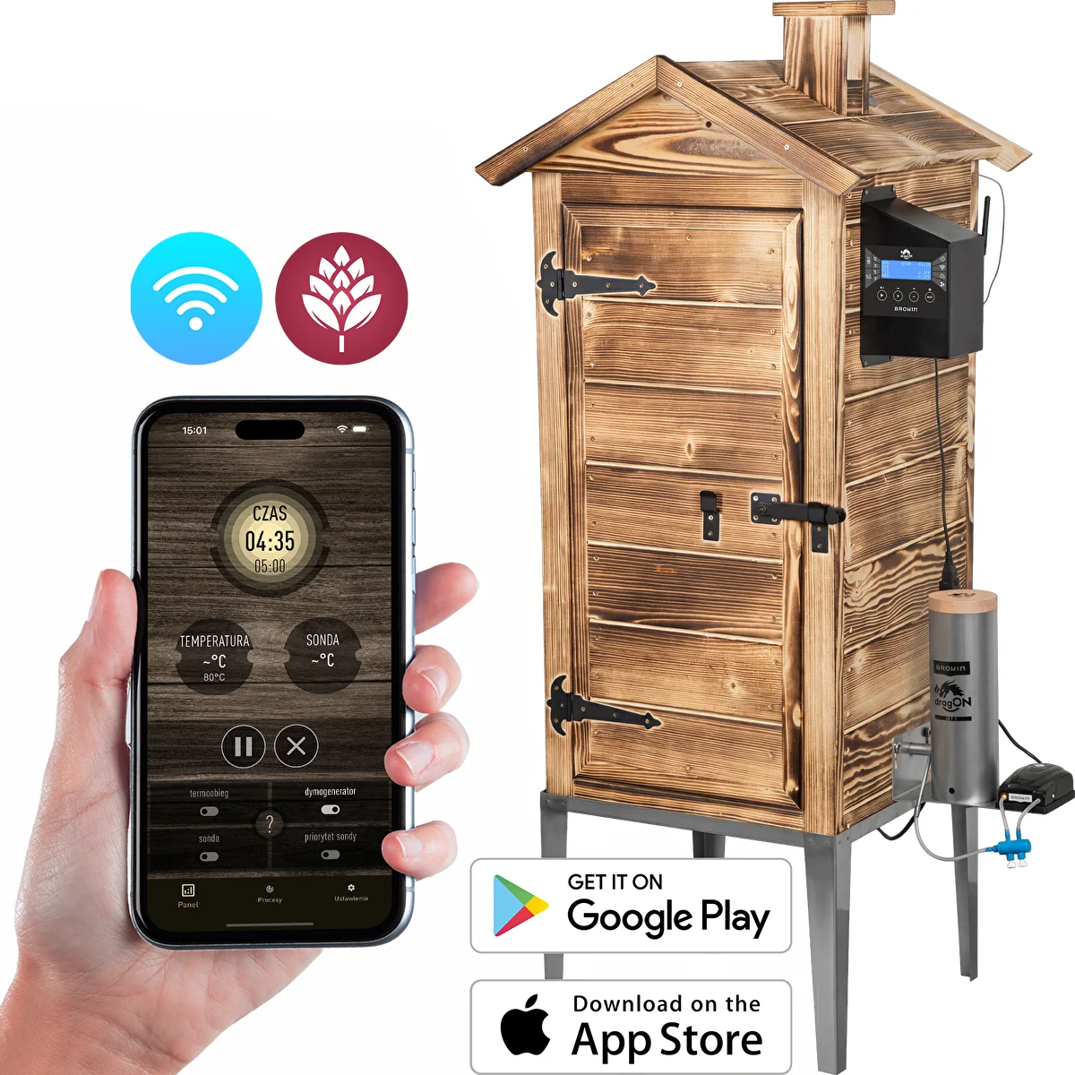 Wędzarnia z Wi-Fi, 200 L - dragON WOOD 100IQ z elektrycznym modułem grzejnym i sterownikiem, opalana