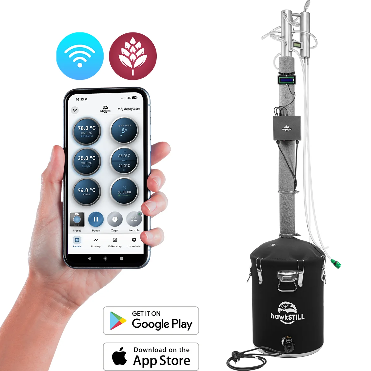 Zestaw destylacyjny hawkSTILL „Zimne Palce” 60 L + System Wi-Fi IQ z wyświetlaczem LCD