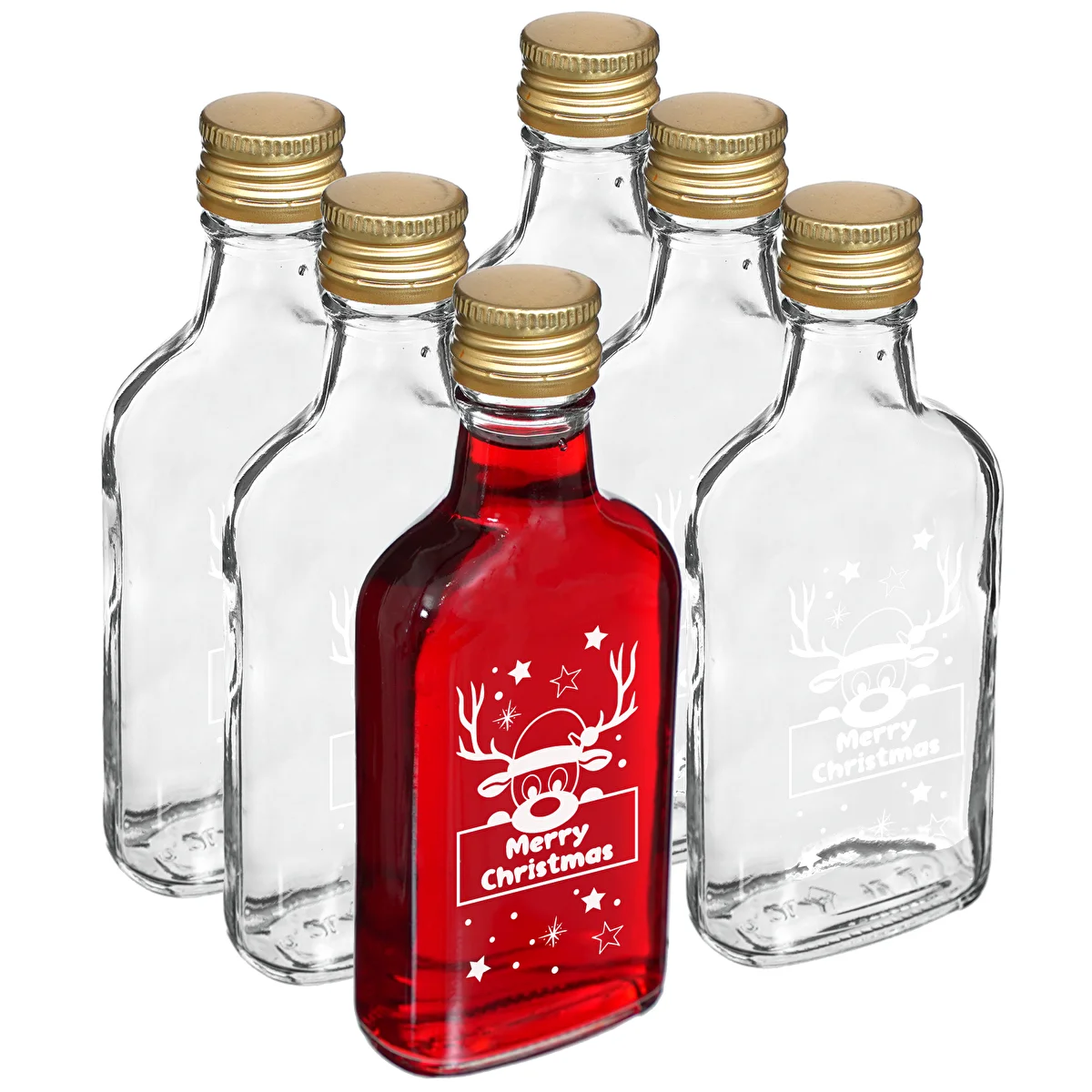 Butelka 200 ml z zakrętką, nadruk Świąteczny Renifer, 6szt.