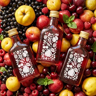Butelka piersiówka 200 ml z zakrętką i nadrukiem „Owoce” wzór2 – zdjęcie 3