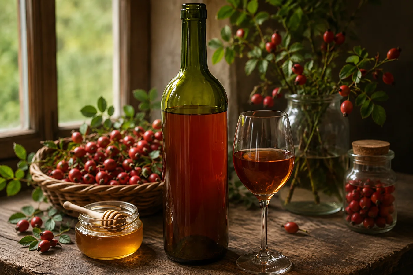 Wino z owoców dzikiej róży z miodem