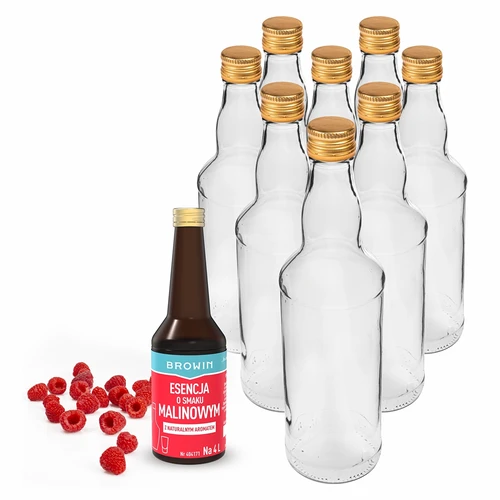 8 butelek 500 ml ze złotymi zakrętkami i esencja Malinowa 40 ml  - 1 ['zestaw butelki + zaprawka', ' zestaw z esencją do alkoholi', ' esencja do alkoholu', ' esencje do alkoholi', ' esencja malinowa', ' zaprawka malinowa', ' zestaw do alkoholu', ' zestaw do aromatyzowania alkoholu']