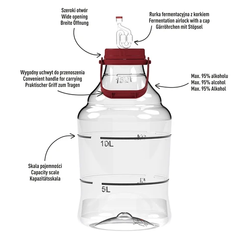 Balon do wina lekki, nietłukący, z uchwytem, 15 L - 4 ['pojemnik fermentacyjny', ' naczynie fermentacyjne', ' w czym fermentować', ' balon do wina', ' balon do piwa', ' do fermentacji', ' balon szerokootworowy', ' balon pet', ' balon plastikowy', ' balon nietłukący', ' balon na wino', ' winiarska nowość', ' balon 15 L', ' fermentor z zakrętką']