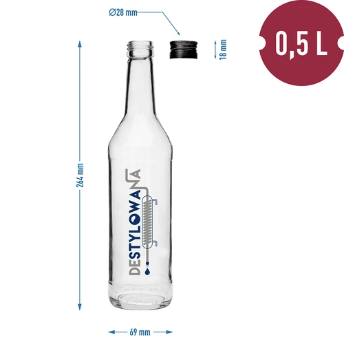 Butelka 0,5 L z zakrętką i nadrukiem Destylowana - 4 szt. - 7 ['butelka', ' butelki', ' butelki z nadrukiem', ' butelka na bimber', ' butelka na alkohol', ' butelka z nadrukiem', ' butelka szklana z nadrukiem i zakrętką', ' butelki 500 ml z korkiem', ' butelki na korek', ' zestaw na wesele', ' butelka na domowy alkohol', ' butelka na prezent', '']