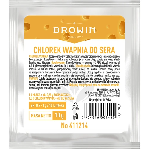 Chlorek wapnia do sera 10 g  - 1 ['do produkcji sera', ' skrzep serowarski', ' chlorek wapnia serowarski', ' sól serowarska', ' serowarstwo', ' do piwa']