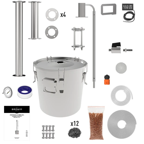 Destylator modułowy 18 L Baldur - 2 ['zestaw do destylacji', ' destylator stal nierdzewna', ' aparat destylacyjny', ' destylator do wody', ' woda destylowana', ' sprężynki pryzmatyczne', ' destylator browin', ' destylatory alkoholowe', ' chłodnica Liebiga', ' chłodnica Libiga', ' obniżony odbiór', ' wziernik destylacyjny', ' latarka do destylatora', ' aromatyzacja destylatów']