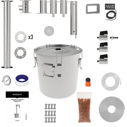 Destylator modułowy 18 L Hugin - 2 ['zestaw do destylacji', ' destylator stal nierdzewna', ' aparat destylacyjny', ' destylator do wody', ' destylator do bimbru', ' woda destylowana', ' sprężynki pryzmatyczne', ' destylator browin', ' destylatory alkoholowe', ' 2 odstojniki', ' refluks', ' reflux']