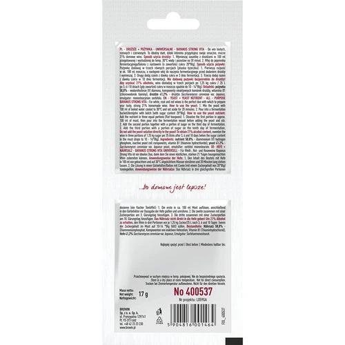 Drożdże Bayanus + pożywka - Uniwersalne - 21%, 17 g - 2 ['drożdże winiarskie', ' drożdże Bayanus', ' do wina czerwonego', ' do wina białego', ' do wina z winogron', ' do wina różowego', ' pożywka dla drożdży', ' do wina owocowego', ' mocne wino', ' 21%']