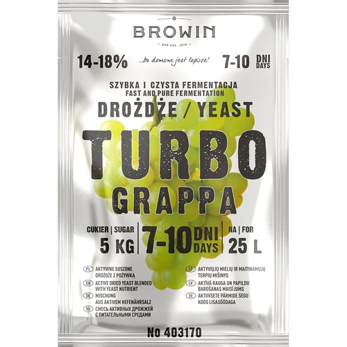 Drożdże gorzelnicze Turbo Grappa 7-10 dni - 2 ['drożdże do alkoholu', ' drożdże do spirytusu', ' drożdże do bimbru', ' drożdże do samogonu', ' drożdże do księżycówki', ' bimber', ' samogon', ' księżycówka', ' fermentacja wytłoków owocowych', ' grappa domowa']