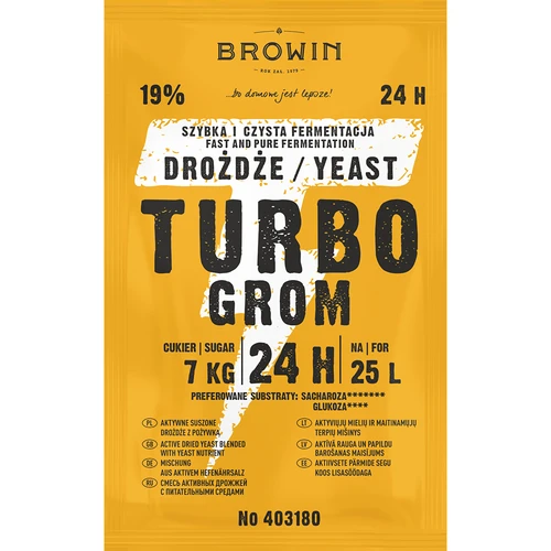 Drożdże gorzelnicze Turbo Grom 24h - 2 ['drożdże do alkoholu', ' drożdże do spirytusu', ' drożdże do bimbru', ' drożdże do samogonu', ' drożdże do księżycówki', ' bimber', ' samogon', ' księżycówka', ' szybka fermentacja']