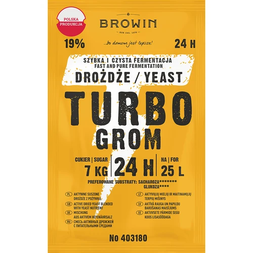 Drożdże gorzelnicze Turbo Grom 24h  - 1 ['drożdże do alkoholu', ' drożdże do spirytusu', ' drożdże do bimbru', ' drożdże do samogonu', ' drożdże do księżycówki', ' bimber', ' samogon', ' księżycówka', ' szybka fermentacja']