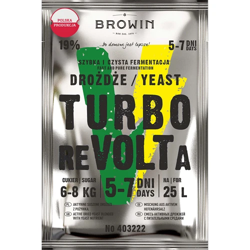 Drożdże gorzelnicze Turbo reVOLTa 5-7 dni  - 1 ['do nastawów cukrowych', ' wysoki procent', ' szybka fermentacja', ' czysta fermentacja', ' wysokoalkoholizujące', ' do 19%', ' spirytus techniczny', ' zostańwdomu']