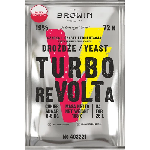 Drożdże gorzelnicze Turbo reVOLTa 72h  - 1 ['do nastawów cukrowych', ' wysoki poziom alkoholu', ' szybka fermentacja', ' zostańwdomu', ' spirytus techniczny']