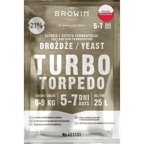 Drożdże gorzelnicze Turbo Torpedo 5-7 dni 21% 100g  - 1 ['drożdże turbo', ' drożdże gorzelnicze', ' drożdże do alkoholu', ' do nastawów owocowych', ' drożdże do ziemniaków', ' drożdże do 21%', ' do bimbru', ' drożdże mocne', ' destylacja', ' do nastawów wysokoprocentowych', ' drożdże browin', ' drożdże do whiskey', ' drożdże do wódki z ziemniaków', ' alkohole domowe']