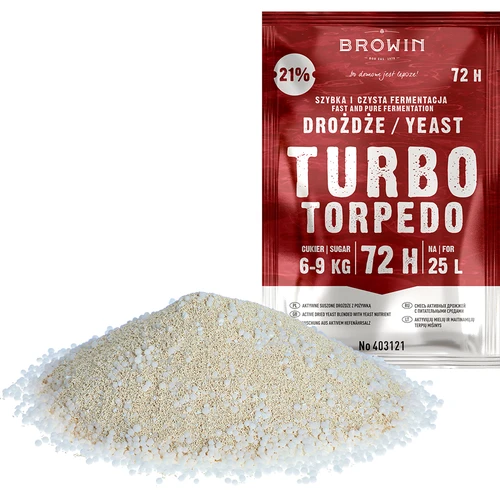 Drożdże gorzelnicze Turbo Torpedo 72h 21% - 120 g - 5 ['drożdże turbo', ' drożdże gorzelnicze', ' drożdże do alkoholu', ' do nastawów owocowych', ' drożdże do ziemniaków', ' drożdże do 21%', ' do bimbru', ' drożdże mocne', ' destylacja', ' do nastawów wysokoprocentowych', ' drożdże browin', ' drożdże do whiskey', ' drożdże do wódki z ziemniaków', ' alkohole domowe', ' drożdże 72h']