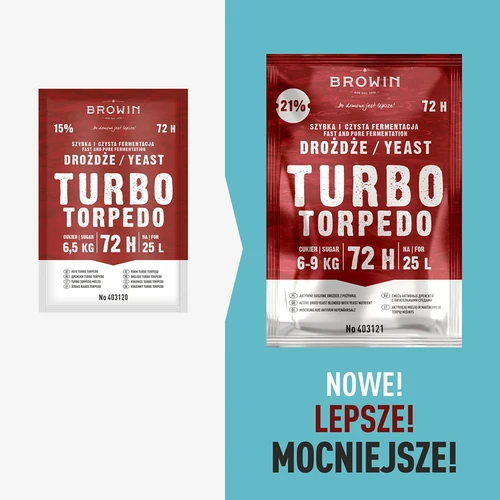 Drożdże gorzelnicze Turbo Torpedo 72h 21% - 120 g - 13 ['drożdże turbo', ' drożdże gorzelnicze', ' drożdże do alkoholu', ' do nastawów owocowych', ' drożdże do ziemniaków', ' drożdże do 21%', ' do bimbru', ' drożdże mocne', ' destylacja', ' do nastawów wysokoprocentowych', ' drożdże browin', ' drożdże do whiskey', ' drożdże do wódki z ziemniaków', ' alkohole domowe', ' drożdże 72h']