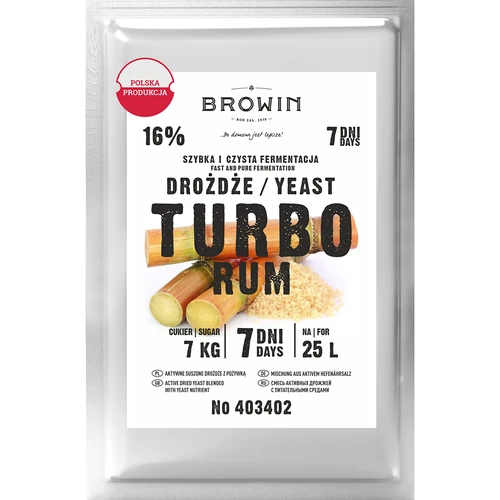 Drożdże Turbo Rum, 44 g  - 1 ['drożdże turbo', ' drożdże do rumu', ' drożdże gorzelnicze', ' domowy rum', ' drożdże browin', ' jak zrobić rum']