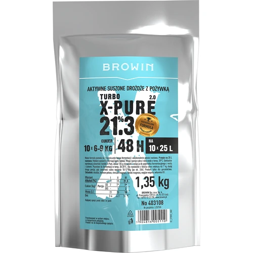 Drożdże Turbo X-Pure 21,3%, 10 x 25 L, 1,35 kg  - 1 ['drożdże gorzelnicze', ' drożdże do alkoholu', ' drożdże turbo', ' drożdże pure', ' drożdże 21', '3%', ' drożdże do bimbru', ' do samogonu', ' drożdże gorzelnicze na 10 x 25 L', ' nastaw 48 h', ' czysta fermentacja', ' cukrówki', ' do nastawów wysokoprocentowych', ' do nastawów z cukru', ' wysoki procent alkoholu', ' destylacja', ' ponad 21%', ' szybka fermentacja', ' drożdże Browin', ' drożdże 21%', ' drożdże alco', ' drożdże alko', ' drożdże mocne', ' czysta fermentacja', ' drożdże duże opakowanie']