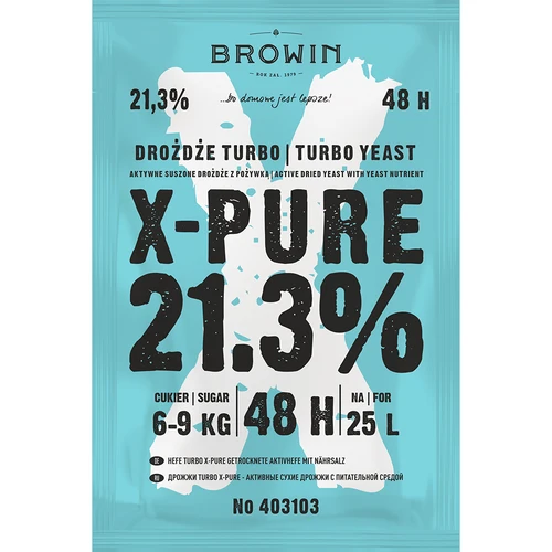 Drożdże Turbo X-Pure 21,3% 48h, 25 L - 2 ['drożdże gorzelnicze', ' cukrówki', ' do nastawów wysokoprocentowych', ' do nastawów z cukru', ' do nastawów owocowych', ' do nastawów zbożowych', ' wysoki procent alkoholu', ' turbo drożdże', ' destylacja', ' ponad 21%', ' szybka fermentacja', ' drożdże Browin', ' do bimbru', ' drożdże 21%', ' drożdże pure', ' drożdże alco', ' drożdże alko', ' drożdże mocne']