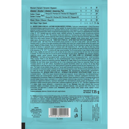 Drożdże Turbo X-Pure 21,3% 48h, 25 L - 3 ['drożdże gorzelnicze', ' cukrówki', ' do nastawów wysokoprocentowych', ' do nastawów z cukru', ' do nastawów owocowych', ' do nastawów zbożowych', ' wysoki procent alkoholu', ' turbo drożdże', ' destylacja', ' ponad 21%', ' szybka fermentacja', ' drożdże Browin', ' do bimbru', ' drożdże 21%', ' drożdże pure', ' drożdże alco', ' drożdże alko', ' drożdże mocne']