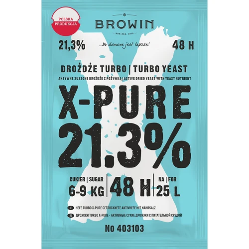 Drożdże Turbo X-Pure 21,3% 48h, 25 L  - 1 ['drożdże gorzelnicze', ' cukrówki', ' do nastawów wysokoprocentowych', ' do nastawów z cukru', ' do nastawów owocowych', ' do nastawów zbożowych', ' wysoki procent alkoholu', ' turbo drożdże', ' destylacja', ' ponad 21%', ' szybka fermentacja', ' drożdże Browin', ' do bimbru', ' drożdże 21%', ' drożdże pure', ' drożdże alco', ' drożdże alko', ' drożdże mocne']