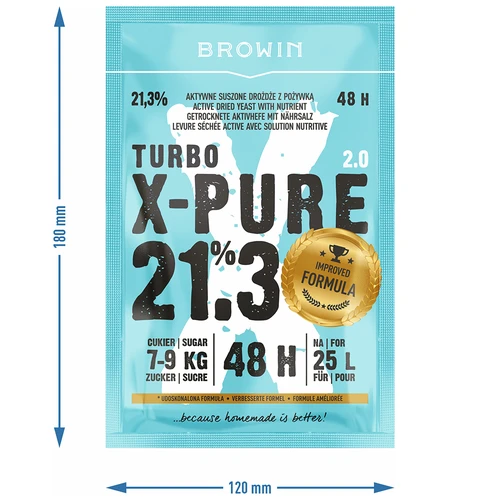 Drożdże Turbo X-Pure 21,3% 48h, 25 L - 5 ['drożdże gorzelnicze', ' cukrówki', ' do nastawów wysokoprocentowych', ' do nastawów z cukru', ' do nastawów owocowych', ' do nastawów zbożowych', ' wysoki procent alkoholu', ' turbo drożdże', ' destylacja', ' ponad 21%', ' szybka fermentacja', ' drożdże Browin', ' do bimbru', ' drożdże 21%', ' drożdże pure', ' drożdże alco', ' drożdże alko', ' drożdże mocne']