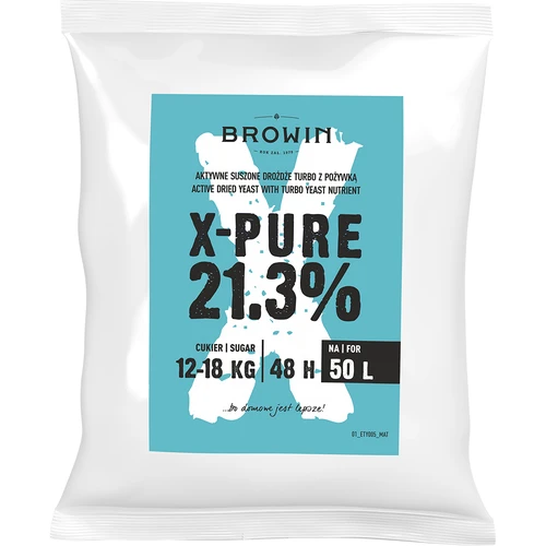 Drożdże Turbo X-Pure 21,3%, 50 L  - 1 ['drożdże gorzelnicze', ' drożdże do alkoholu', ' drożdże turbo', ' drożdże pure', ' drożdże 21', '3%', ' drożdże do bimbru', ' do samogonu', ' drożdże gorzelnicze na 50 L', ' nastaw 50 L', ' czysta fermentacja', ' cukrówki', ' do nastawów wysokoprocentowych', ' do nastawów z cukru', ' wysoki procent alkoholu', ' destylacja', ' ponad 21%', ' szybka fermentacja', ' drożdże Browin', ' drożdże 21%', ' drożdże alco', ' drożdże alko', ' drożdże mocne', ' czysta fermentacja']