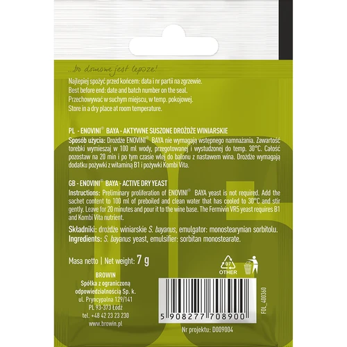 Drożdże winiarskie Enovini® BAYA, 7 g - 2 ['szlachetne drożdże', ' drożdże winiarskie', ' drożdże suszone winiarskie', ' drożdże do win białych', ' do win różowych', ' drożdże bayanus', ' drożdże do restartu fermentacji', ' drożdże do fermentacji']