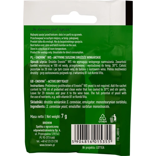 Drożdże winiarskie Enovini® WS, 7 g - 2 ['drożdże enovini', ' aktywne suszone drożdże winiarskie', ' drożdże winne', ' drożdże do wina', ' drożdże winiarskie suszone', ' drożdże suszone', ' drożdże suszone do wina', ' drożdze do wina białego', ' drożdże do wina różowego', ' drożdże do wina czerwonego']