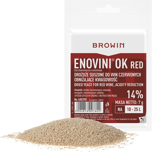 Enovini® OK RED - drożdże winiarskie obniżające kwasowość 7 g - 3 ['drożdże do ciemnych winogron', ' drożdże do wiśni', ' wino z wiśni', ' wino z winogron', ' drożdże obniżające kwasowość', ' drożdże do win czerwonych', ' drożdże suszone', ' wino domowe', ' drożdże redukujące kwasowość', ' drożdże Enovini', ' drożdże winiarskie Browin']