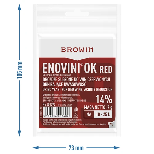 Enovini® OK RED - drożdże winiarskie obniżające kwasowość 7 g - 5 ['drożdże do ciemnych winogron', ' drożdże do wiśni', ' wino z wiśni', ' wino z winogron', ' drożdże obniżające kwasowość', ' drożdże do win czerwonych', ' drożdże suszone', ' wino domowe', ' drożdże redukujące kwasowość', ' drożdże Enovini', ' drożdże winiarskie Browin']