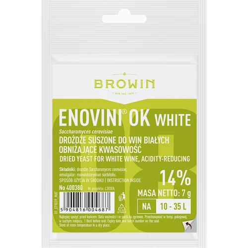 Enovini® OK WHITE - drożdże winiarskie obniżające kwasowość 7 g  - 1 ['drożdże do jabłek', ' drożdże do białych winogron', ' wino z jabłek', ' wino z winogron', ' drożdże obniżające kwasowość', ' drożdże do win białych', ' drożdże suszone', ' wino domowe', ' drożdże redukujące kwasowość']