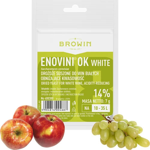 Enovini® OK WHITE - drożdże winiarskie obniżające kwasowość 7 g - 3 ['drożdże do jabłek', ' drożdże do białych winogron', ' wino z jabłek', ' wino z winogron', ' drożdże obniżające kwasowość', ' drożdże do win białych', ' drożdże suszone', ' wino domowe', ' drożdże redukujące kwasowość']