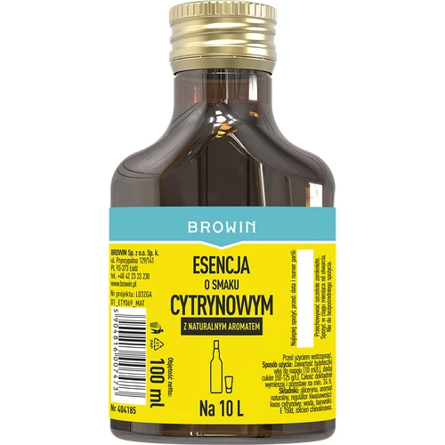 Esencja o smaku cytrynowym z naturalnym aromatem na 10 L - 100 ml  - 1 ['cytrynówka', ' likier cytrynowy', ' nalewka cytrynowa', ' esencja Strands', ' zaprawka BROWIN', ' esencje do bimbru', ' esencje do alkoholu', ' esencja 100 ml']