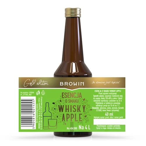 Esencja o smaku Whisky Apple - 40 ml, na 4L - 4 ['zaprawka do alkoholu', ' aromat do alkoholu', ' aromat do wódki', ' esencja smakowa', ' aromat do whisky', ' whisky', ' esencja z naturalnym aromatem', ' aromat whisky', ' whisky z sokiem jabłkowym', ' esencje', ' esencje do bimbru', ' esencja gold']