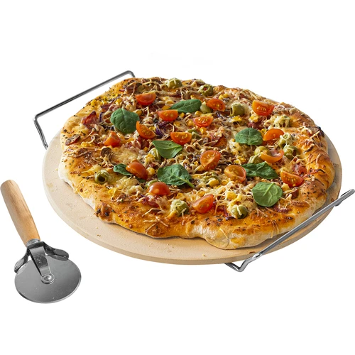 Kamień do pizzy z uchwytem i nożykiem, z kordierytu, okrągły 33 cm  - 1 ['prezent', ' pizza domowa', ' do pieczenia pizzy', ' do serwowania pizzy', ' do pieczenia chleba', ' do pieczenia bułeczek']