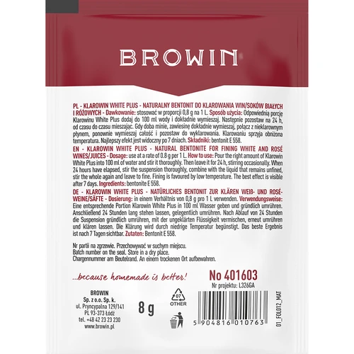 Klarowin White Plus - środek klarujący 8 g - 2 ['środek do klarowania wina', ' środek klarujący', ' klarowin do wina', ' do klarowania wina', ' akcesoria do winiarstwa', ' domowe wino', ' wino białe', ' wino różowe', ' do klarowania soków', ' klarowanie soków']