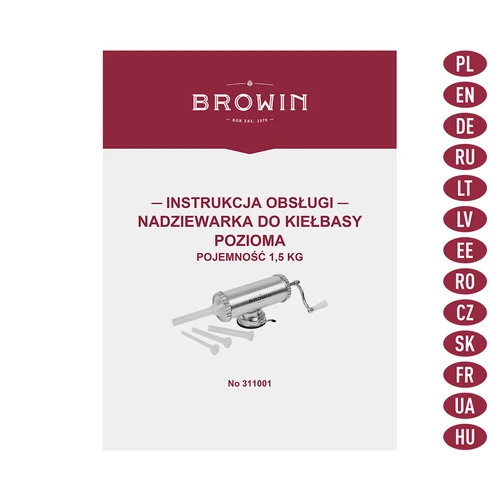 Nadziewarka pozioma 1,5 kg - 9 ['do nadziewania kiełbas', ' do kiełbas domowych', ' szpryca', ' nadziewarka gastronomiczna', ' sprzęt masarski', ' nadziewarka', ' robienie kiełbasy', ' lejki do nadziewarki', ' robienie wędlin', ' nabijarka do kiełbas', ' nabijarka wędliniarska', ' nabijarka pozioma']