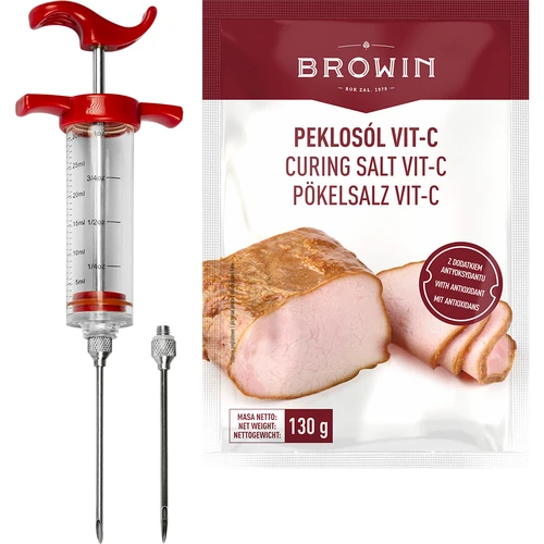 Nastrzykiwarka 30 ml + 2igły + Peklosól Vit-C  - 1 ['wędliny domowe', ' wędzenie', ' wyroby domowe', ' domowy wyrób', ' wędliny', ' kiełbasa biała', ' wędzenie kiełbasy', ' kiełbasa', ' wędliny', ' mięso', ' swojskie wyroby', ' peklowanie', ' nastrzykiwanie', ' nastrzykiwarka', ' solanka', ' zalewa', ' nakłuwacz do mięs', ' nakłuwacz do steków', ' nakłuwacz do mięsa', ' peklosól z VIT-C']