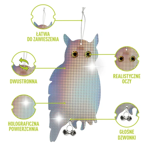 Odblaskowa zawieszka odstraszająca ptaki - sowa z dzwoneczkami - 4 ['odstraszacz ptaków', ' sowa odstraszająca ptaki', ' odstraszacz odblaskowy', ' sowa odblaskowa z dzwoneczkami', ' ochrona upraw i sadów przed ptakami', ' ochrona ogrodów', ' działek i altan przed ptakami', ' ochrona drzew i krzewów przed ptakami', ' skuteczny odstraszacz ptaków', ' sowa na ptaki', ' sowa z odblaskami i dźwiękiem przeciw ptakom', ' odstraszacz ptaków w kształcie sowy', ' odstraszanie gołębi', ' szpaków', ' wron', ' zawieszka na ptaki', ' zawieszka do odstraszania ptaków']