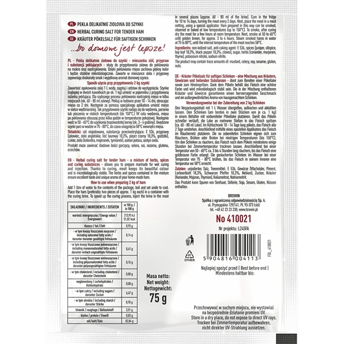 Pekla delikatnie ziołowa do szynki, 75 g - 2 ['pekla', ' peklowanie', ' pekla do szynki', ' pekla do mięsa', ' peklosól', ' zalewa do peklowania mięsa', ' zalewa do peklowania mięsa przepis', ' peklowanie na sucho', ' sól do peklowania']