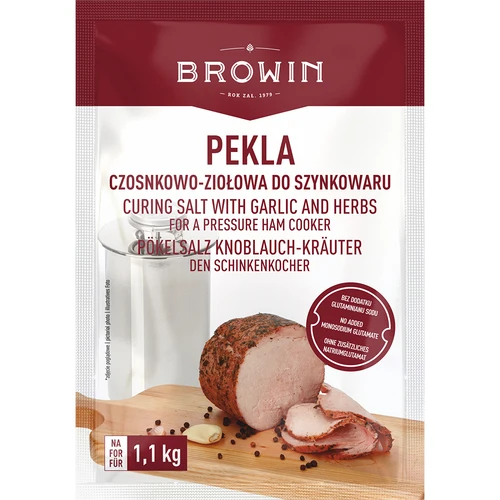 Peklosól Pekla czosnkowo-ziołowa do szynkowaru, 100 g  - 1 ['pekla', ' peklowanie', ' pekla do szynki', ' pekla do szynkowaru', ' pekla do mięsa', ' peklosól', ' zalewa do peklowania mięsa', ' zalewa do peklowania mięsa przepis', ' peklowanie na sucho', ' sól do peklowania']