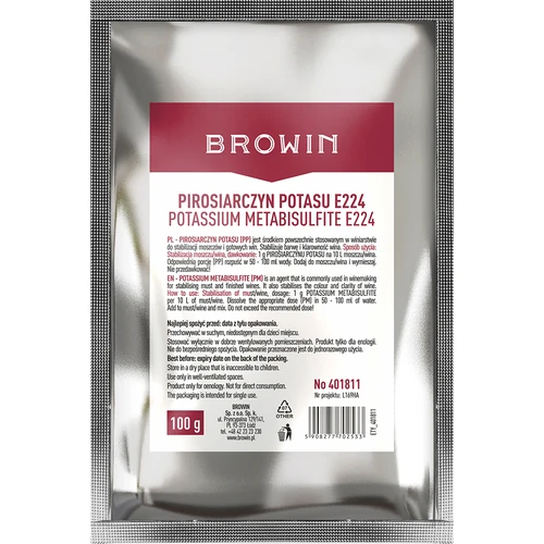 Pirosiarczyn potasu, 100 g  - 1 ['pirosiarczyn do wina', ' pirosiarczyn potasu do wina', ' pirosiarczyn potasu dezynfekcja', ' pirosiarczyn potasu do dezynfekcji', ' stabilizacja wina', ' stabilizacja trunków', ' do zatrzymania fermentacji', ' stabilizacja soków i moszczów', ' wino z owoców', ' domowe winiarstwo', ' bezpieczna fermentacja', ' barwa i klarowność wina']