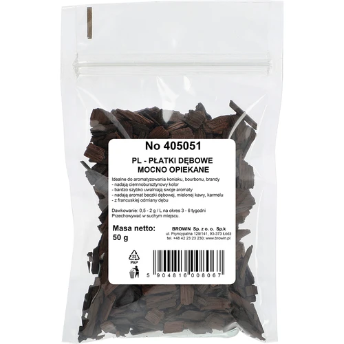 Płatki dębowe mocno opiekane do aromatyzacji alkoholi (whisky, bourbon, brandy, koniak, piwo), 50 g - 2 ['chipsy dębowe', ' chipsy dębowe mocno opiekane', ' płatki dębowe', ' do alkoholu', ' dodatki do alkoholu', ' dodatki smakowe', ' płatki dębowe palone', ' chipsy dębowe mocno palone', ' aromatyzacja win', ' aromatyzacja piw', ' aromatyzacja alkoholu', ' płatki dębowe 50 g', ' zrębki dębowe']