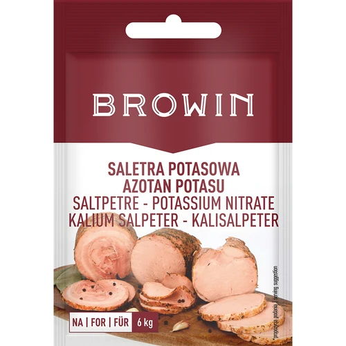 Saletra potasowa do peklowania mięsa, 20 g  - 1 ['peklowanie', ' konserwowanie mięsa', ' do wołowiny', ' do wieprzowiny', ' do cielęciny', ' przedłużenie trwałości mięsa', ' do peklowania szynki']