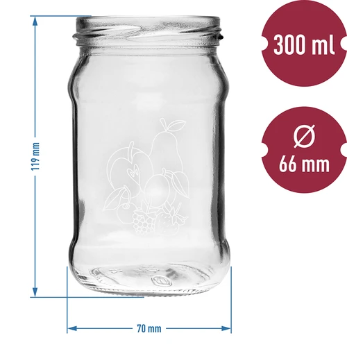 Słoik TO 300ml z nadrukiem - mix owoców i zakrętką fi66/4 - 6 szt. - 6 ['słoiki z nadrukiem', ' ozdobne słoiki', ' słoiki z zakrętkami', ' słoiki na przetwory', ' eleganckie słoiki', ' słoiki na dżemy', ' słoik z nadrukiem', ' słoik z grafiką', ' słoiki do przetworów', ' słoiki do spiżarni', ' słoik TO', ' słoik twist-off']