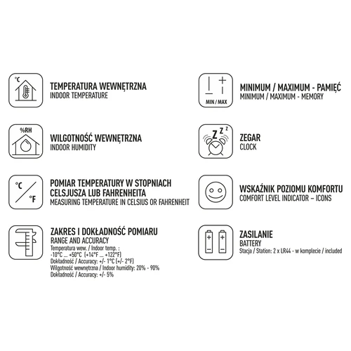 Stacja pogodowa – elektroniczna, bezprzewodowa, biała - 6 ['stacja pogodowa', ' domowa stacja pogodowa', ' temperatura', ' temperatura otoczenia', ' kontrola temperatury', ' termometr elektroniczny', ' termometr wewnętrzny', ' wilgotnościomierz', ' termometr z higrometrem', ' termometr z wilgotnościomierzem', ' wilgotnościomierz powietrza', ' stacja pogodowa']