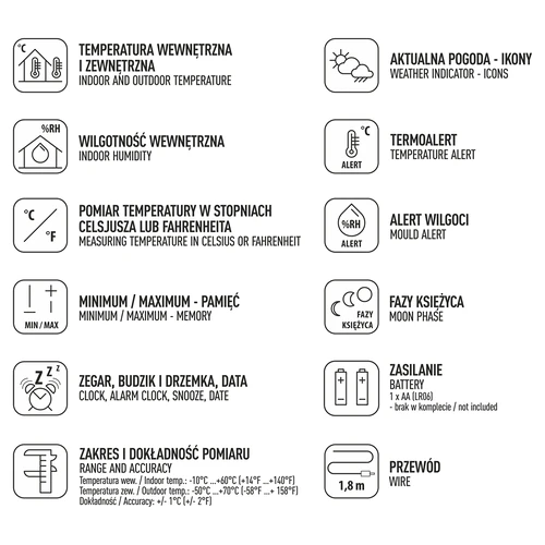 Stacja pogodowa – elektroniczna, sonda, biała - 6 ['stacja pogodowa', ' domowa stacja pogodowa', ' temperatura', ' temperatura otoczenia', ' kontrola temperatury', ' termometr elektroniczny', ' termometr wewnętrzny', ' termometr zewnętrzny', ' termometr na zewnątrz', ' termometr z sondą', ' termometr elektroniczny z sondą', ' wilgotnościomierz', ' termometr z higrometrem', ' termometr z wilgotnościomierzem', ' wilgotnościomierz powietrza']